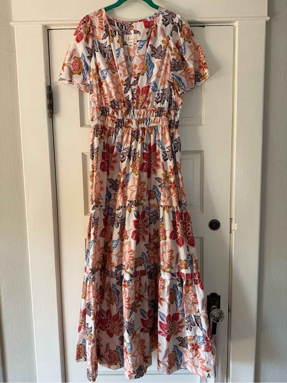 Anthropologie BoHo V-Neck Tiered Maxi Dress Multi-Color Print